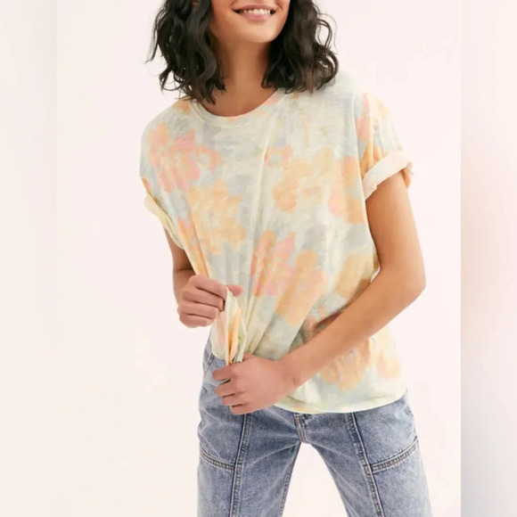 Free people yellow pink floral printed clarity tee top SZ LG - Picture 1 of 6